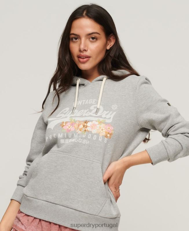 moletom com capuz floral de produtos premium com logo vintage mulheres cinza claro roupas Superdry 2208H3370