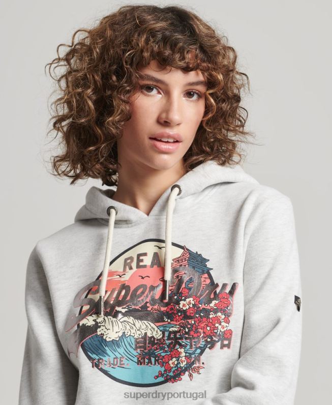 moletom com capuz gráfico de logotipo vintage japonês mulheres cinza claro roupas Superdry 2208H3389