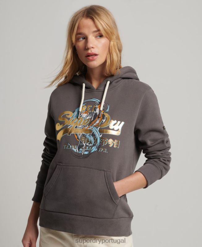 moletom com capuz gráfico de logotipo vintage japonês mulheres cinza escuro roupas Superdry 2208H3306