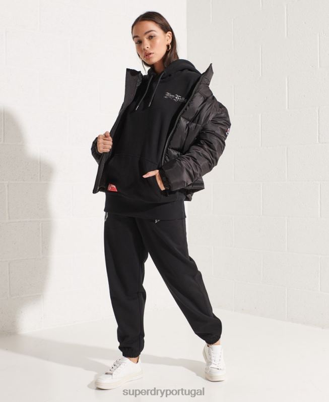 moletom com capuz gráfico universitário mulheres preto roupas Superdry 2208H6173