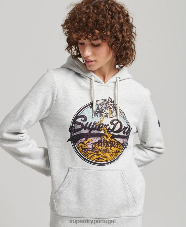 moletom com capuz narrativa de strass com logo vintage mulheres cinza claro roupas Superdry 2208H5863