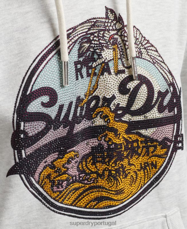 moletom com capuz narrativa de strass com logo vintage mulheres cinza claro roupas Superdry 2208H5863