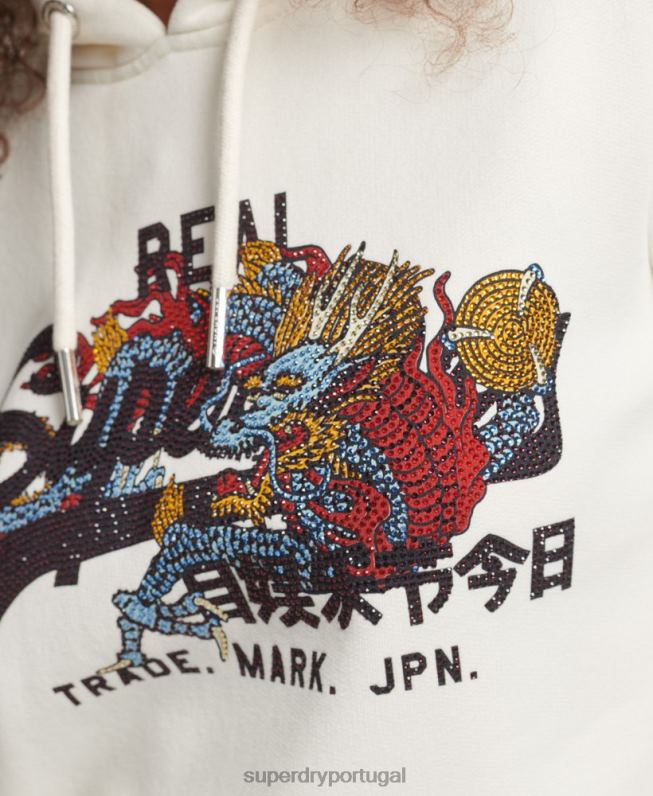 moletom com capuz narrativa de strass com logo vintage mulheres creme roupas Superdry 2208H6083