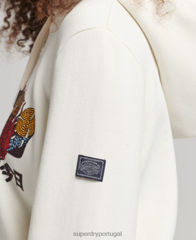 moletom com capuz narrativa de strass com logo vintage mulheres creme roupas Superdry 2208H6083