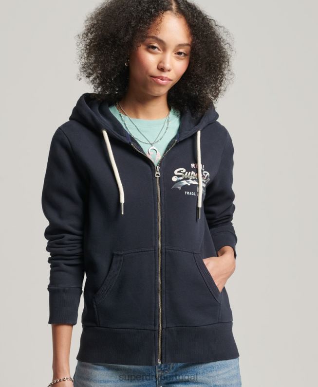 moletom com capuz narrativo com logo vintage mulheres marinha roupas Superdry 2208H6059