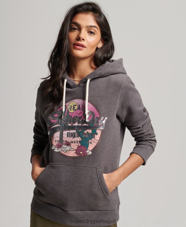 moletom com capuz narrativo com logo vintage mulheres preto roupas Superdry 2208H2305