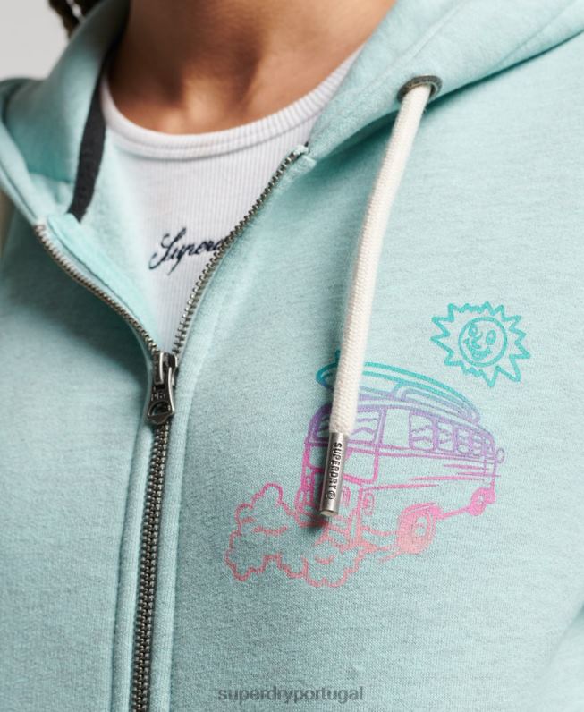 moletom com zíper adesivo de viagem mulheres azul claro roupas Superdry 2208H3289