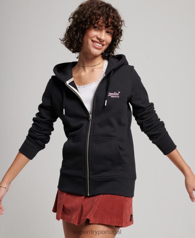 moletom com zíper bordado logo vintage mulheres preto roupas Superdry 2208H3464