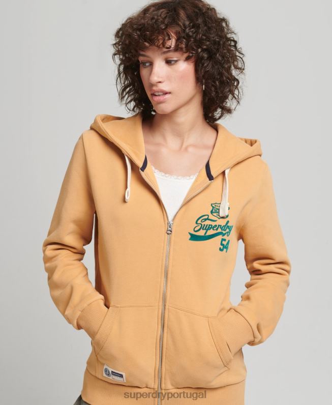moletom com zíper da faculdade script mulheres amarelo roupas Superdry 2208H3498