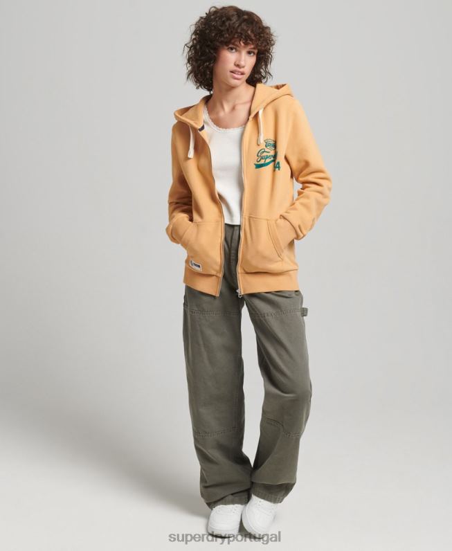 moletom com zíper da faculdade script mulheres amarelo roupas Superdry 2208H3498
