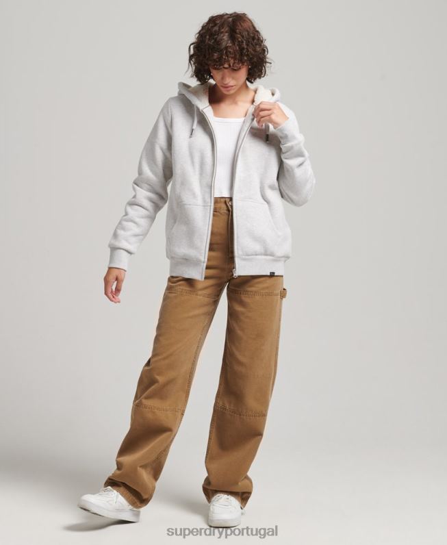 moletom com zíper forrado essencial borg mulheres cinza claro roupas Superdry 2208H5752