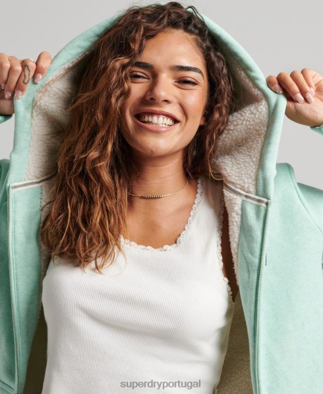 moletom com zíper forrado essencial borg mulheres verde roupas Superdry 2208H5757