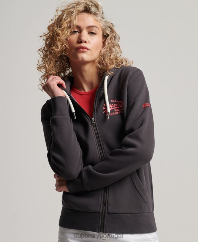moletom com zíper neon com logo vintage mulheres cinza escuro roupas Superdry 2208H2143