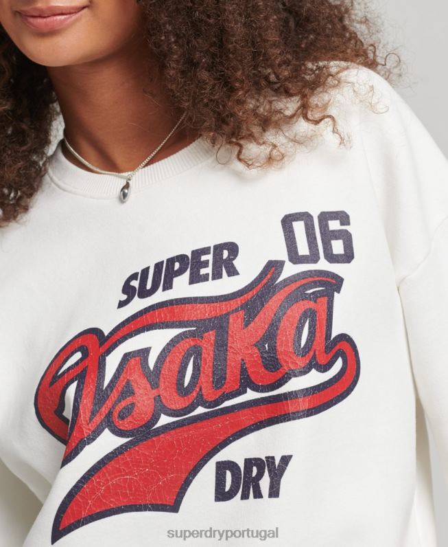 moletom da tripulação da faculdade de manga curta mulheres creme roupas Superdry 2208H3477