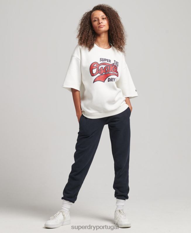 moletom da tripulação da faculdade de manga curta mulheres creme roupas Superdry 2208H3477