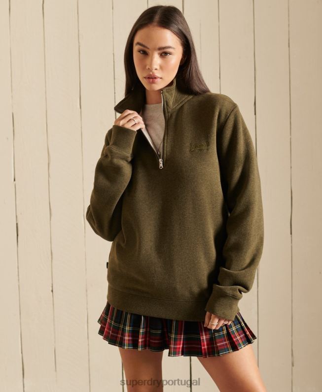 moletom henley com logo bordado e ajuste solto mulheres caqui roupas Superdry 2208H6038