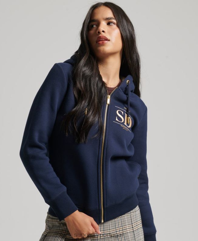 moletom luxuoso com zíper e logo bordado mulheres marinha roupas Superdry 2208H6024