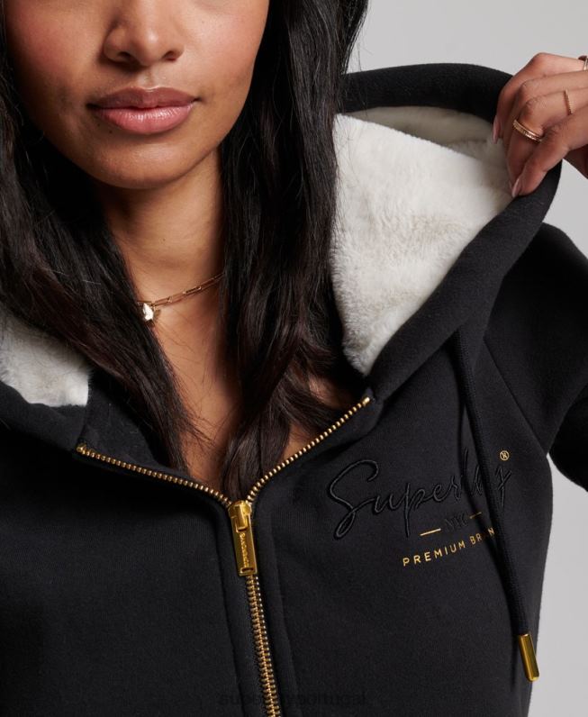 moletom luxuoso com zíper e logo bordado mulheres preto roupas Superdry 2208H6100