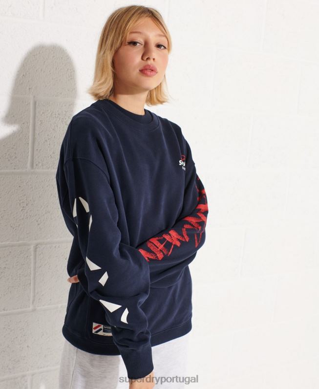 moletom oversized da tripulação riscado mulheres marinha roupas Superdry 2208H5832