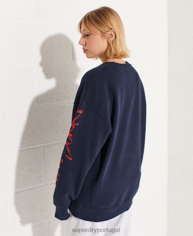 moletom oversized da tripulação riscado mulheres marinha roupas Superdry 2208H5832