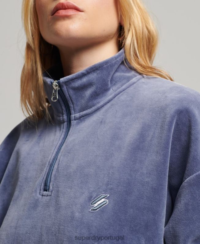 moletom veludo henley mulheres azul roupas Superdry 2208H3363