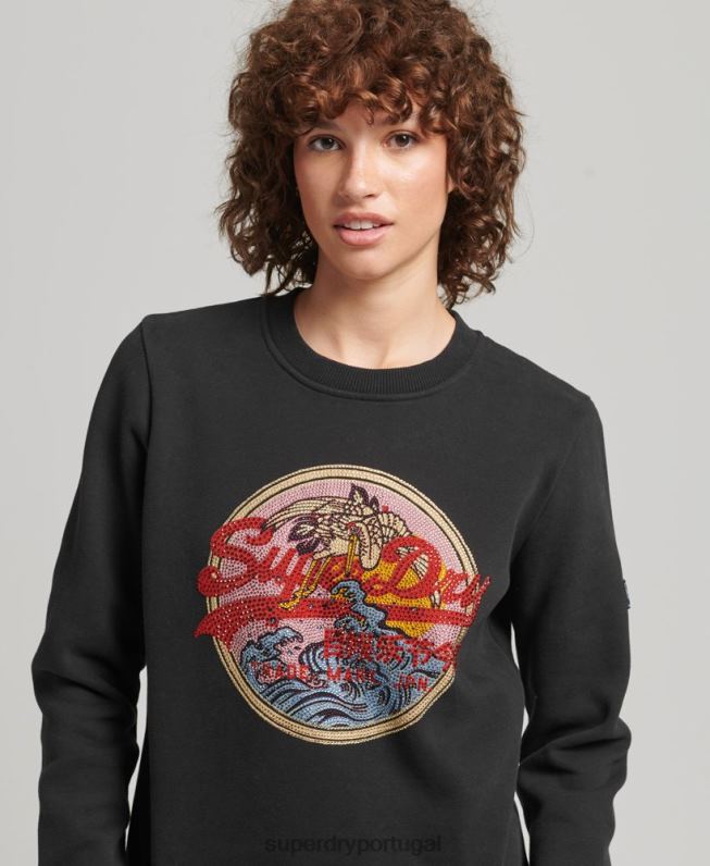 moletom vintage com logo narrativo e strass mulheres preto roupas Superdry 2208H5772