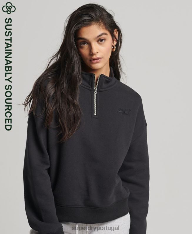 moletom vintage henley de algodão orgânico mulheres preto roupas Superdry 2208H5794