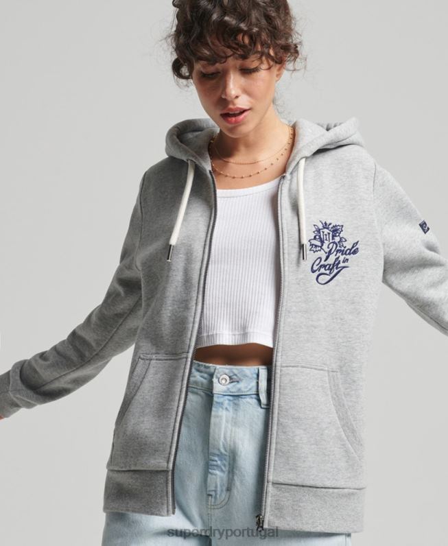 orgulho vintage em moletom com zíper artesanal mulheres cinza roupas Superdry 2208H3501