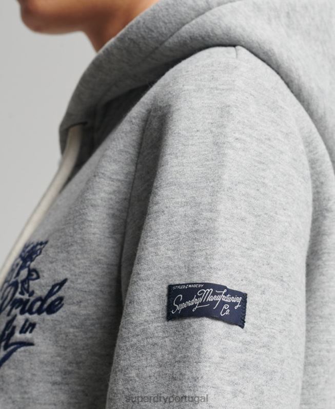 orgulho vintage em moletom com zíper artesanal mulheres cinza roupas Superdry 2208H3501