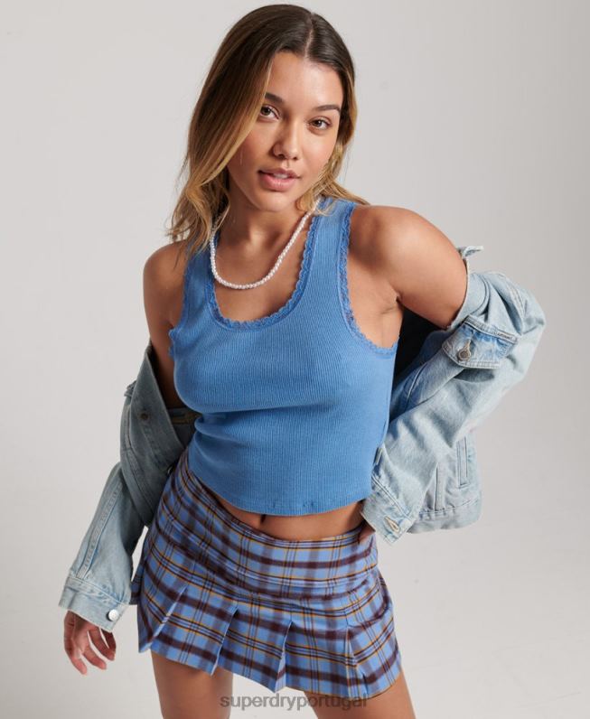 1/2 saia xadrez mulheres azul roupas Superdry 2208H4114