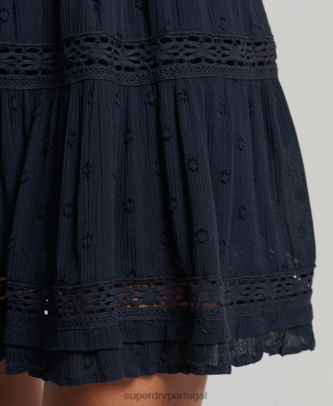 mini saia de renda vintage mulheres marinha roupas Superdry 2208H4140