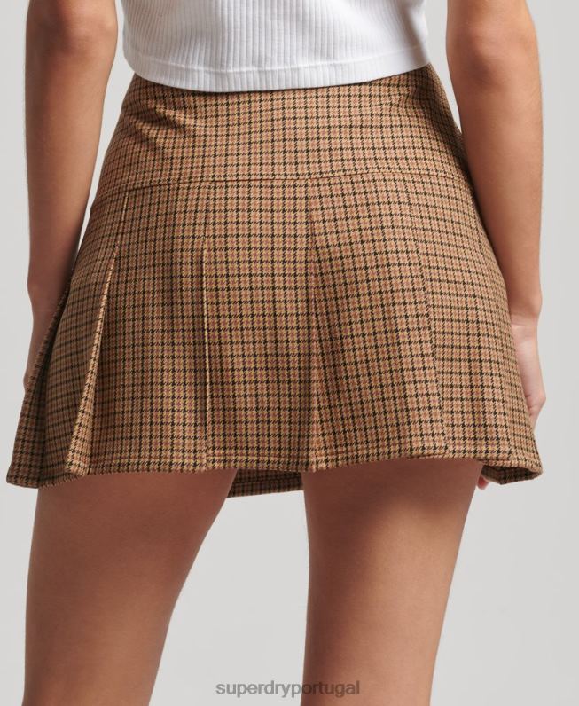 mini saia plissada de tweed vintage mulheres bronzeado roupas Superdry 2208H4131
