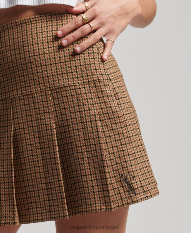 mini saia plissada de tweed vintage mulheres bronzeado roupas Superdry 2208H4131