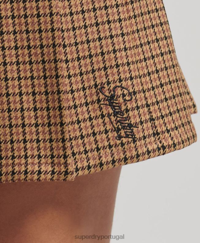 mini saia plissada de tweed vintage mulheres bronzeado roupas Superdry 2208H4131
