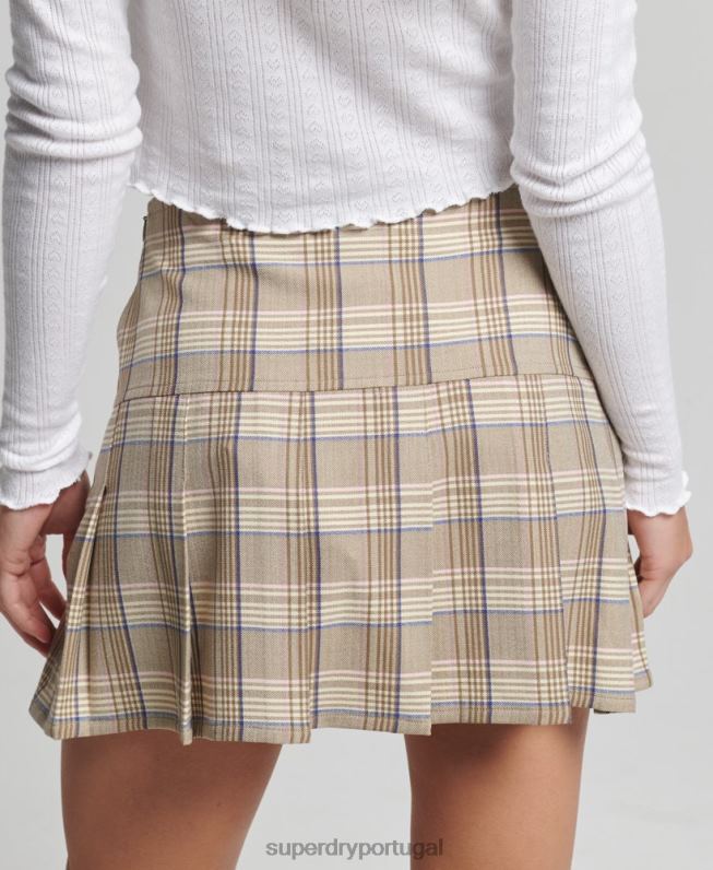 mini saia plissada de tweed vintage mulheres creme roupas Superdry 2208H4144