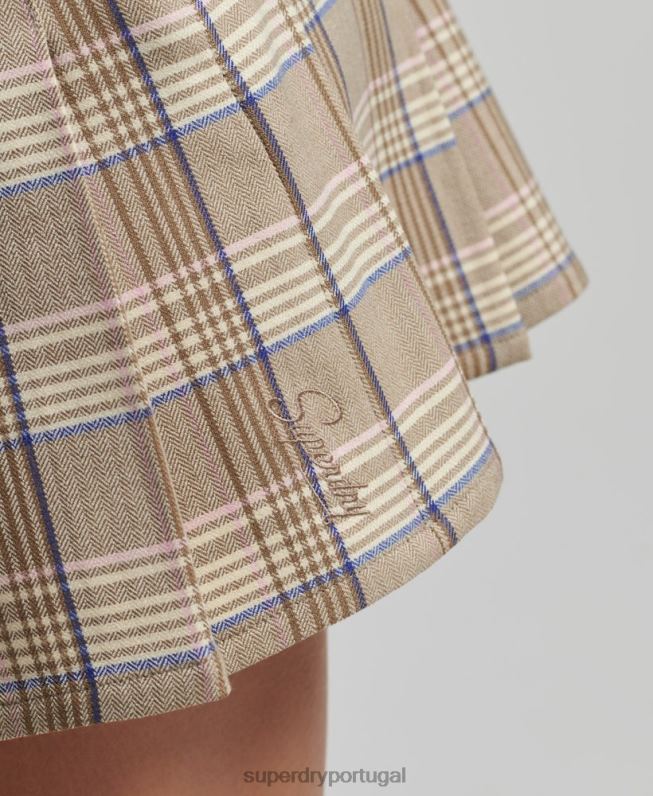 mini saia plissada de tweed vintage mulheres creme roupas Superdry 2208H4144