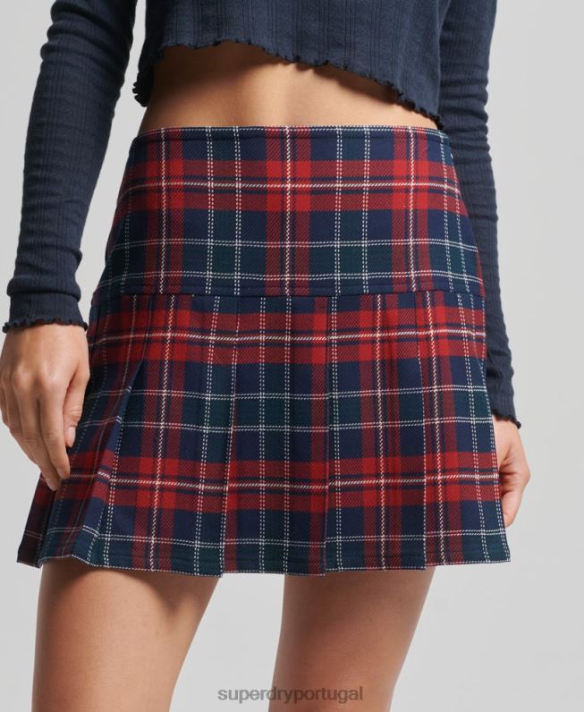 mini saia plissada de tweed vintage mulheres vermelho roupas Superdry 2208H4153