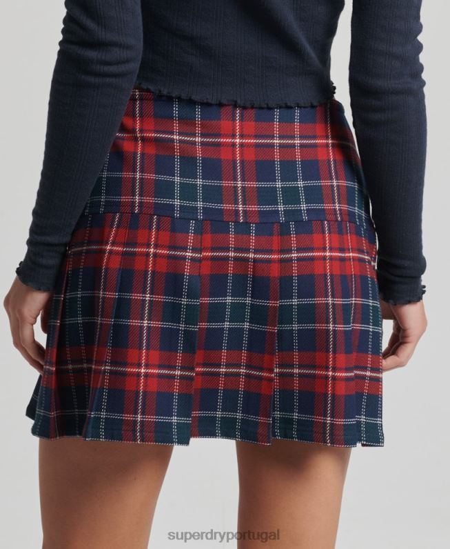 mini saia plissada de tweed vintage mulheres vermelho roupas Superdry 2208H4153