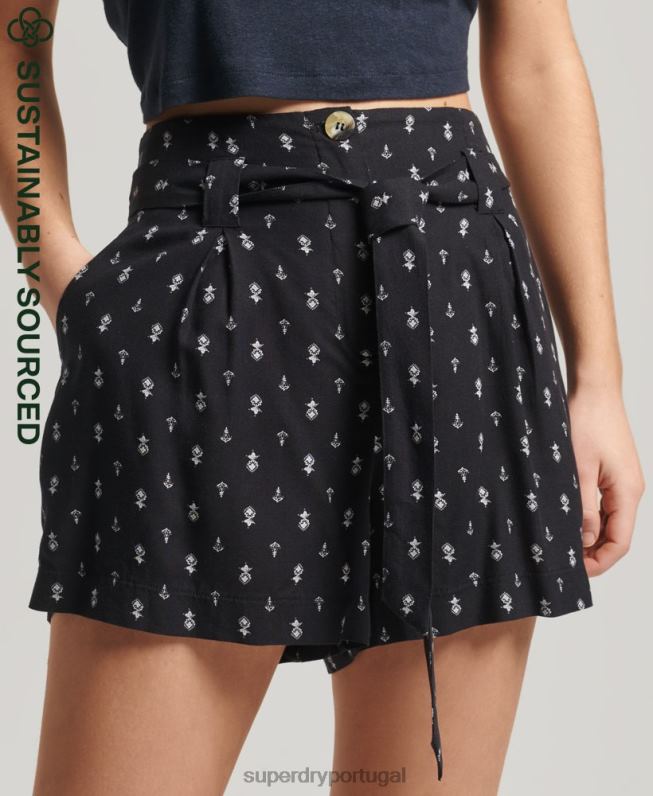 ecovero shorts estampados paperbag vintage mulheres preto roupas Superdry 2208H3130