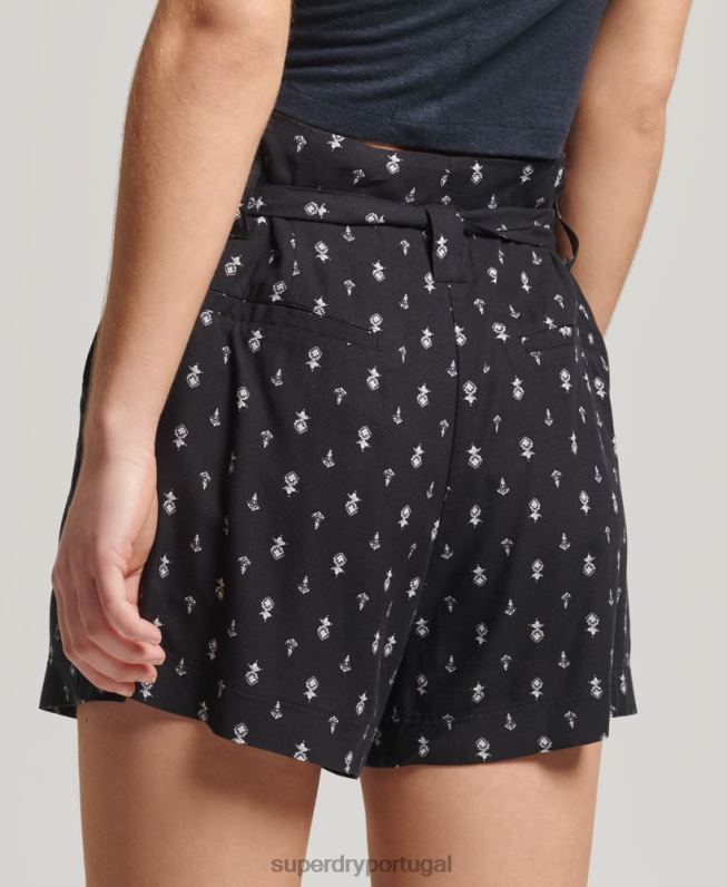 ecovero shorts estampados paperbag vintage mulheres preto roupas Superdry 2208H3130