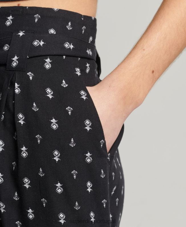 ecovero shorts estampados paperbag vintage mulheres preto roupas Superdry 2208H3130