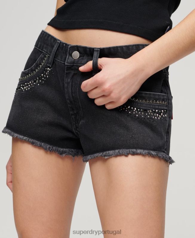shorts jeans com aplicação de diamante mulheres preto roupas Superdry 2208H3112