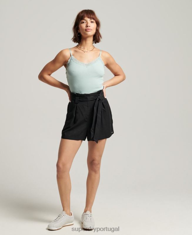 shorts paperbag do deserto mulheres preto roupas Superdry 2208H3154