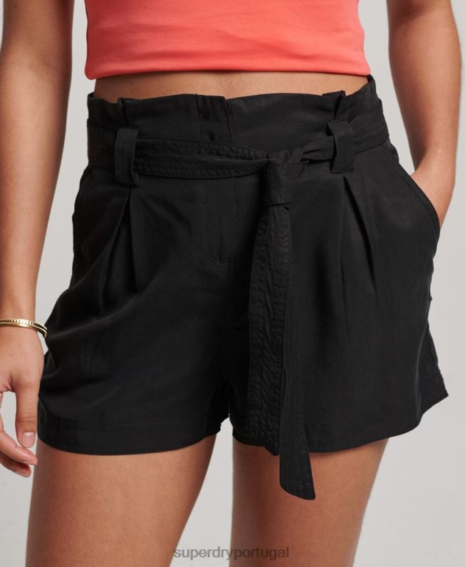 shorts paperbag mulheres preto roupas Superdry 2208H3164