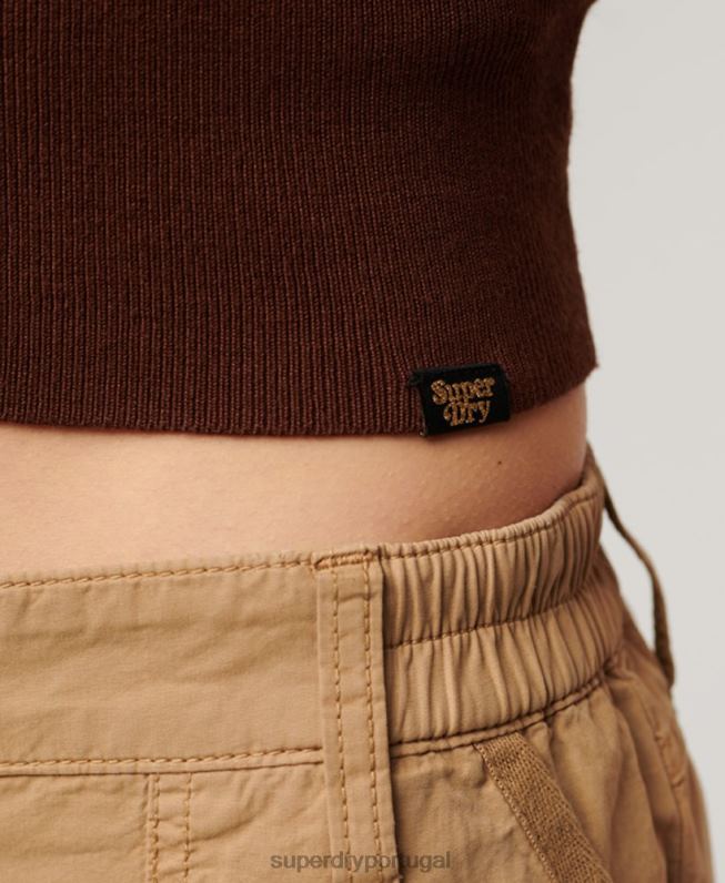regata malha fina mulheres marrom roupas Superdry 2208H1993