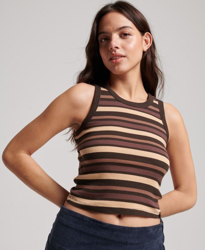 top colete listrado rib racer recortado mulheres marrom roupas Superdry 2208H6715