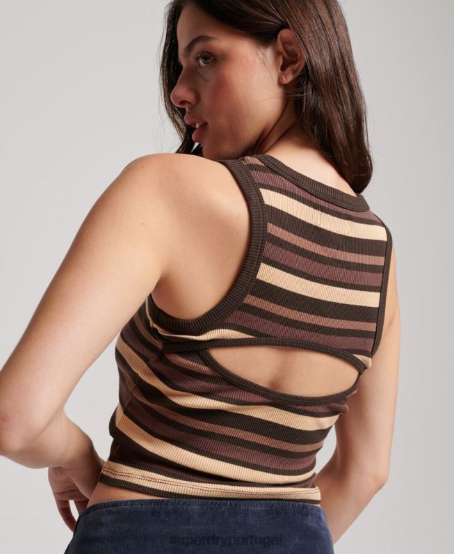 top colete listrado rib racer recortado mulheres marrom roupas Superdry 2208H6715