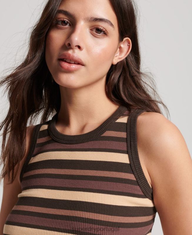 top colete listrado rib racer recortado mulheres marrom roupas Superdry 2208H6715