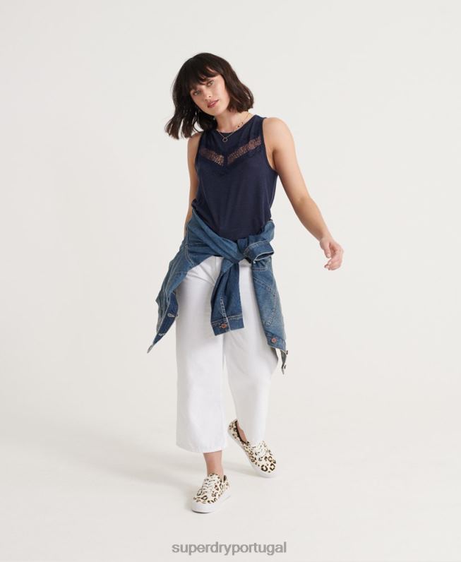 top de colete de renda chevron mulheres marinha roupas Superdry 2208H3086