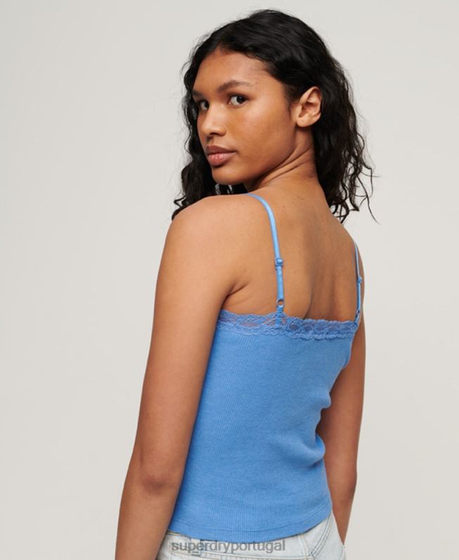 blusa de renda canelada essencial de algodão orgânico mulheres azul roupas Superdry 2208H2352